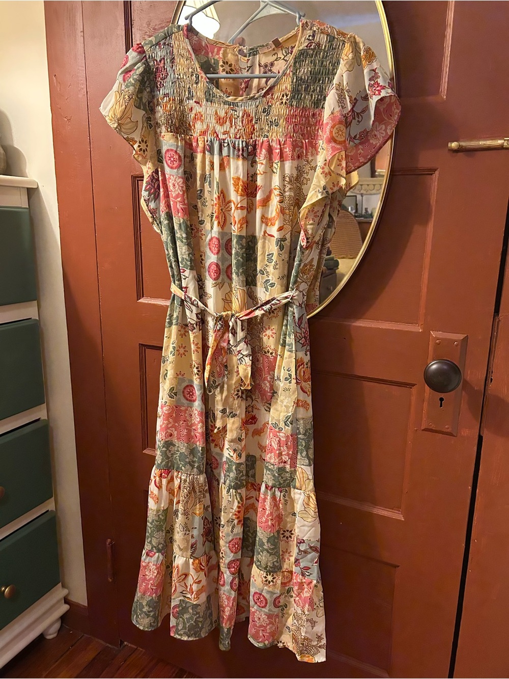 Floral Patchwork Midi Dress in Cream and Pink